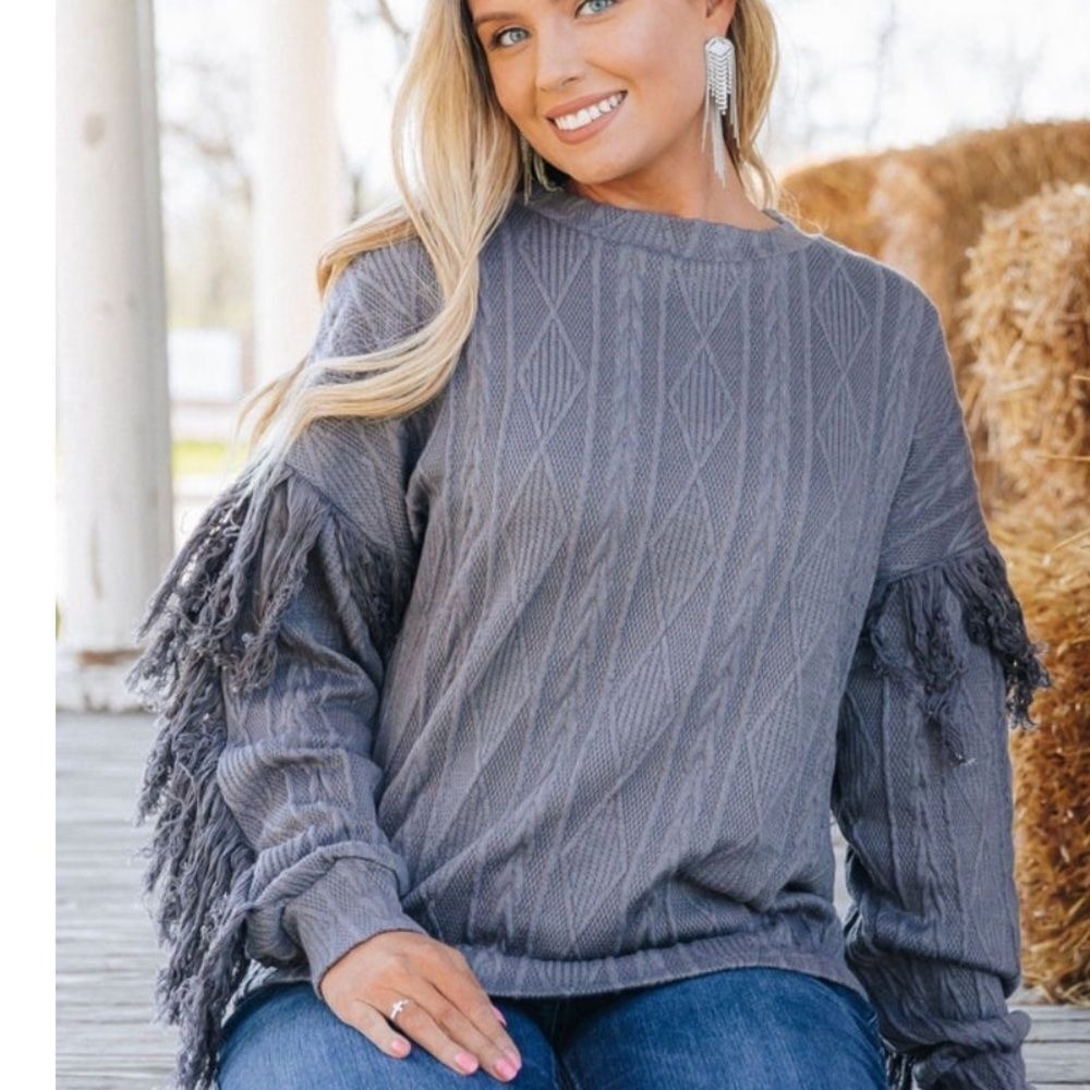Grace &‎ Emma Gray Cable Knit Fringe Sleeve Sweater XXL New Without Tags